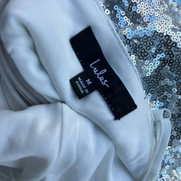 Lulu's Size M Silver Sequin Spaghetti Strap Party Mini Dress Draped V-Neck - Picture 6 of 6